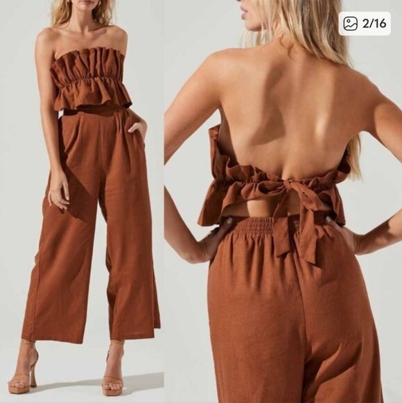 ASTR the label ruffle top jumpsuit linen cotton rust brown size S - Picture 7 of 14